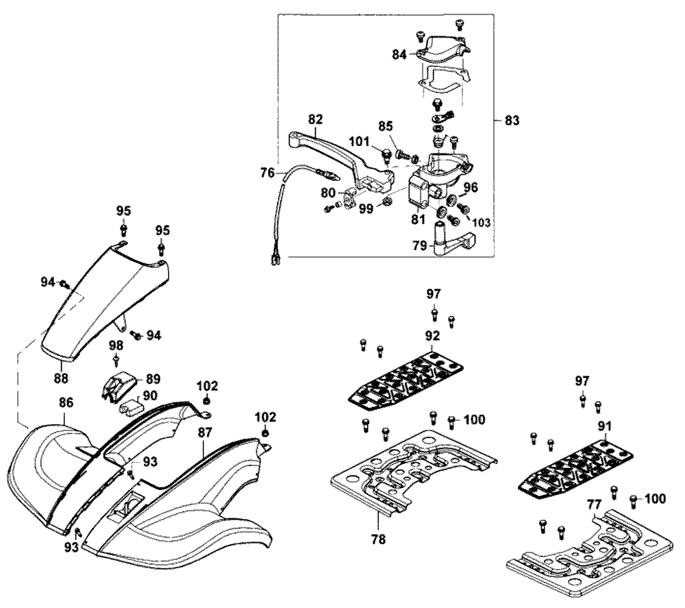 Verkleidungen vorne, Gashebel & Trittplatte