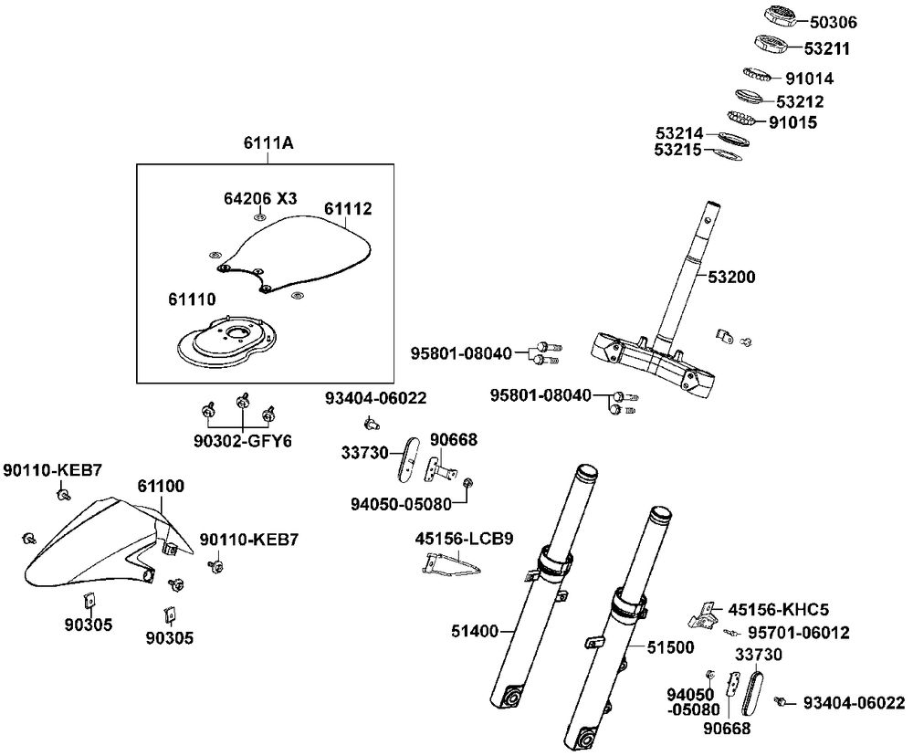 Gabelbrücke, Lenkkopflager, Gabel & Kotflügel