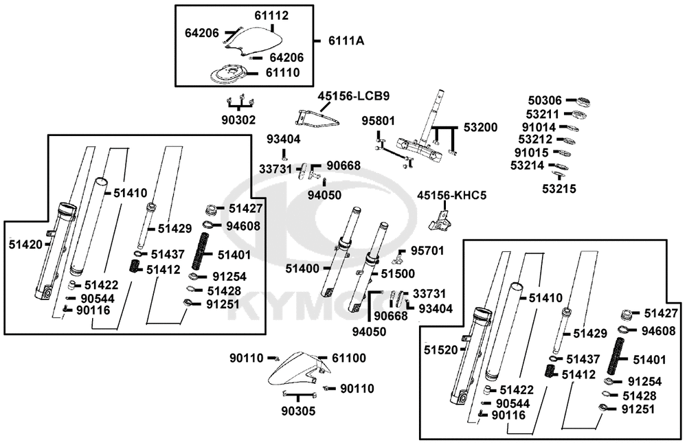 Gabel, Gabeljoch, Lenkkopflager & Kotflügel vorne