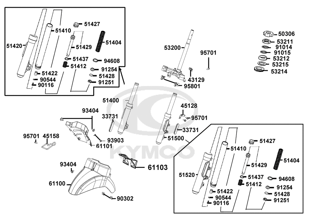 Gabelbrücke, Lenkkopflager, Gabel & Kotflügel
