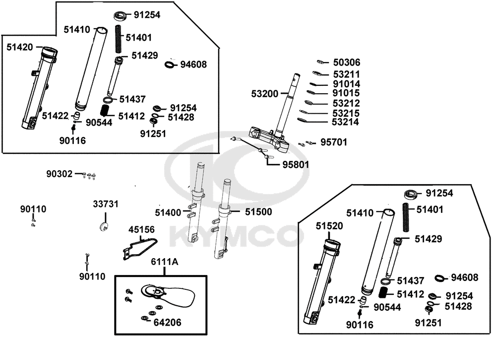 Gabelbrücke, Lenkkopflager, Gabel & Kotflügel